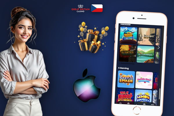 Ruka držící telefon s mobilní aplikací GB Casino a nabídkou her
