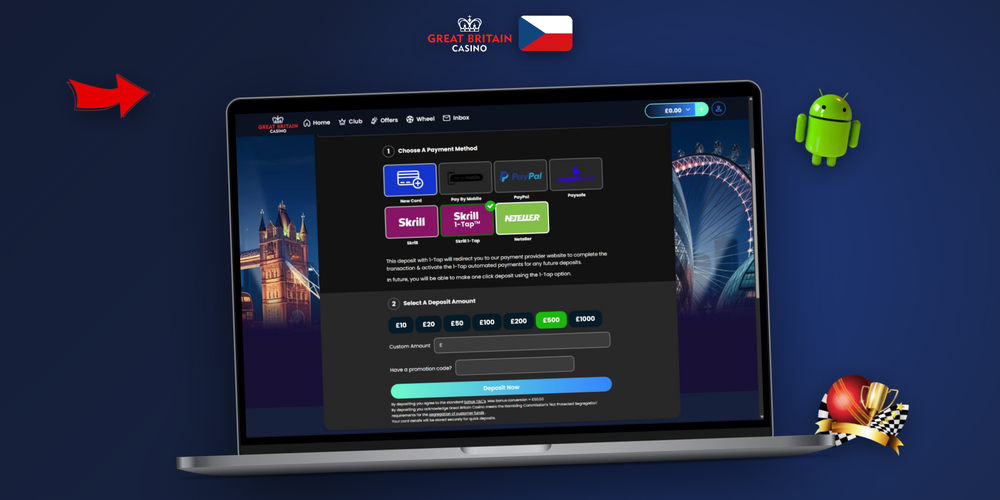 Rozhraní pokladny GB Casino s limitem výběru v CZK a potvrzovacím tlačítkem