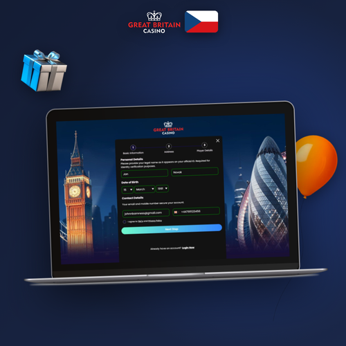 Registrační formulář GB Casino na notebooku s českou lokalizací a tlačítkem Registrovat